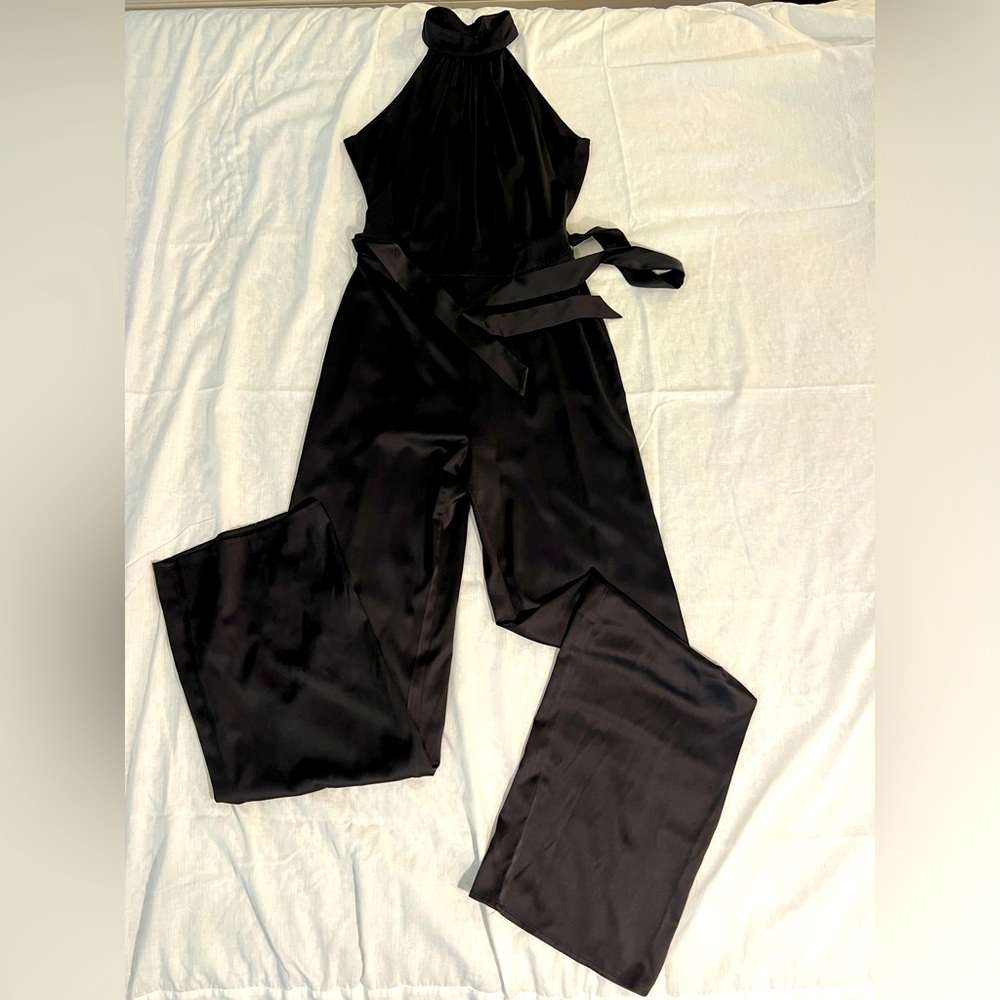 Bebe Black Satin Wide leg Jumpsuit- Size 4